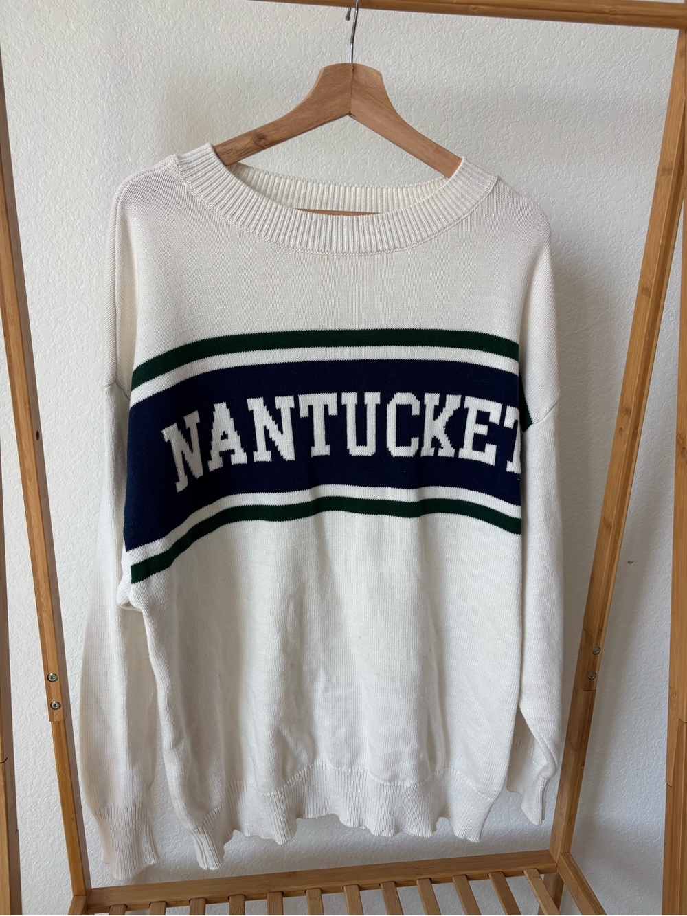 Moonrise Nantucket Crewneck Sweater - White with Navy & Green